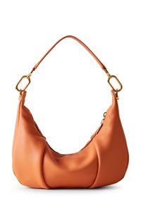 Orange leather shoulder bag with a slouchy design, smooth texture, and gold hardware accents. Features a single curved strap.