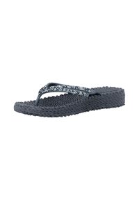 Sandale plateforme noire texturée type flip-flop avec des brides ornées de pierres étincelantes et une semelle rembourrée.