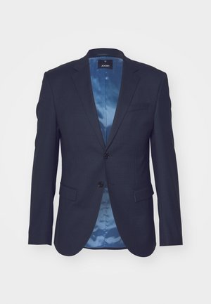 Blazer marine foncé en tissu texturé, fermeture à un bouton, deux poches avant et doublure en satin bleu clair contrastant.