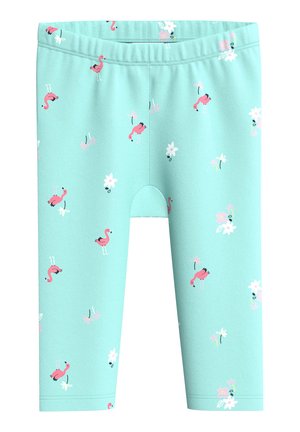 Lichtblauwe leggings met een elastische tailleband, voorzien van een herhaald patroon van roze flamingo's en witte bloemen. Gemaakt van zachte, rekbare stof.