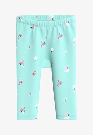Light blue leggings with an elastic waistband, featuring a repeated print of pink flamingos and white flowers. Made of soft, stretchy fabric.