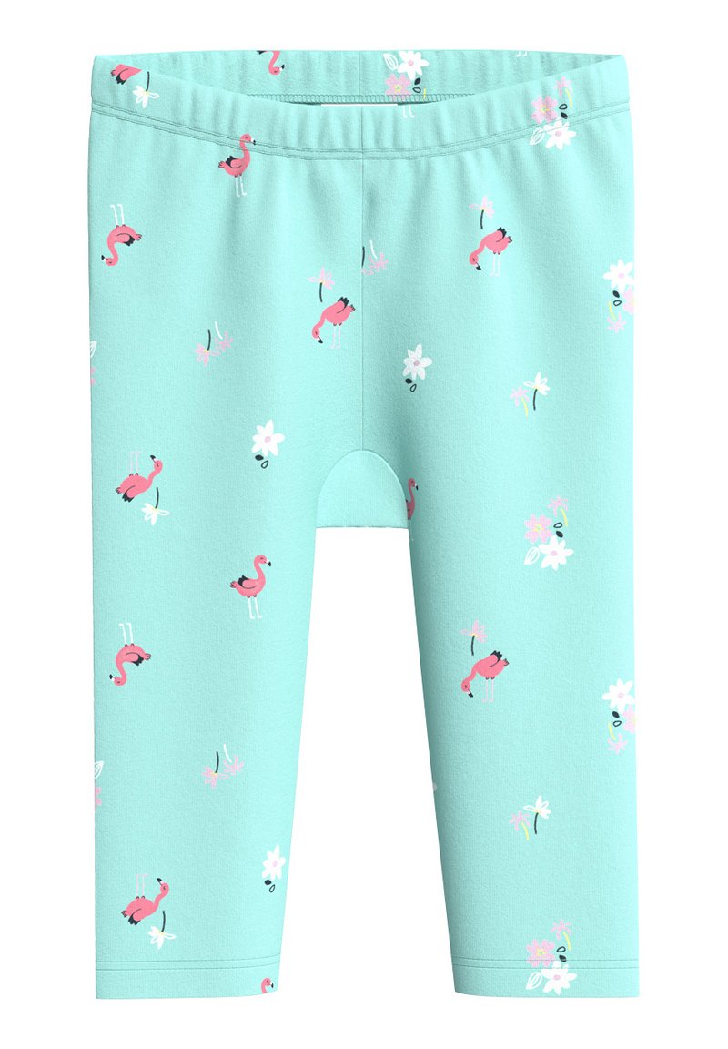Helle blaue Leggings mit einem elastischen Bund, die ein wiederholtes Muster von rosa Flamingos und weißen Blumen zeigen. Hergestellt aus weichem, dehnbarem Stoff.