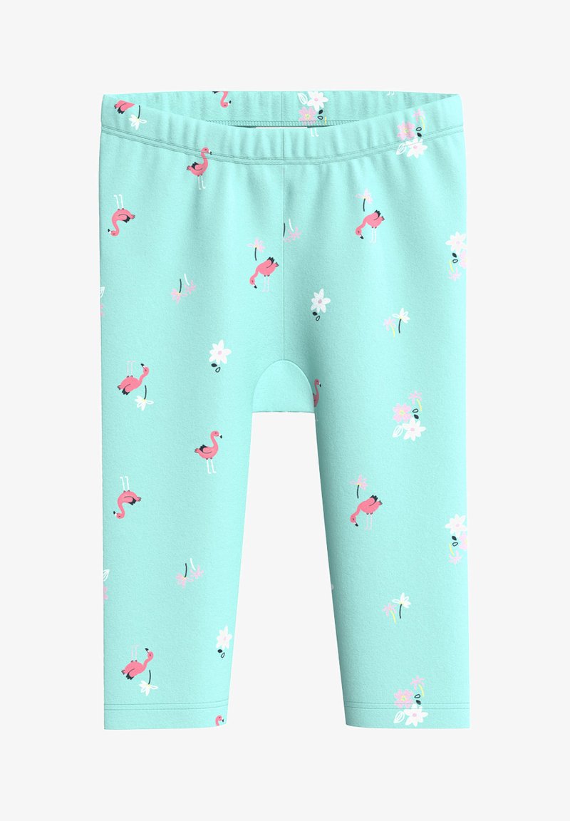 Helle blaue Leggings mit einem elastischen Bund, die ein wiederholtes Muster von rosa Flamingos und weißen Blumen zeigen. Hergestellt aus weichem, dehnbarem Stoff.