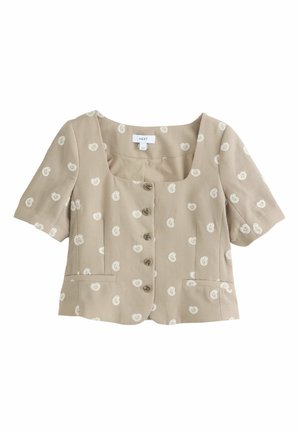 Beige kurz geschnittene Bluse mit kurzen Ärmeln, Knopfleiste vorne, eckigem Ausschnitt und weißem Paisley-Druckmuster.