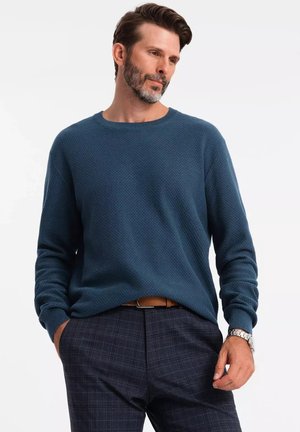 Strikket blå sweater med rund halsudskæring, lange ærmer og ribbede manchetter, parret med mørke ternede bukser og et brunt bælte.