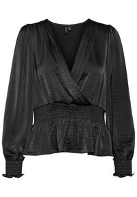 Blouse noire en soie avec un décolleté en V, des manches longues bouffantes, une taille smockée et des poignets volantés ; présente un ourlet peplum fluide et une texture lisse.