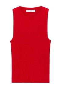 Red sleeveless ribbed tank top with a round neckline. Made from a soft, stretchy fabric, featuring a fitted silhouette and no visible embellishments.