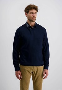 Mann mit lockigem Haar, der einen marineblauen Pullover über einem schwarzen Hemd mit weißen Punkten und beigen Cordhosen trägt, steht vor einem schlichten Hintergrund.