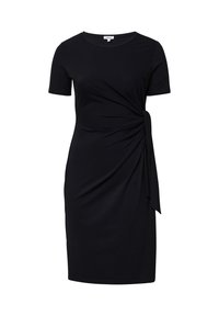 Schwarzes Jerseykleid mit kurzen Ärmeln, versehen mit einem seitlichen Twist-Detail und einem knielangen Saum. Glatte Textur, schlichtes Design und ohne Muster.
