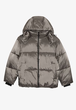Giubbotto imbottito grigio metallico, con cappuccio, chiusura frontale con zip, due tasche laterali e polsini a costine. Tessuto liscio e lucido con design trapuntato.