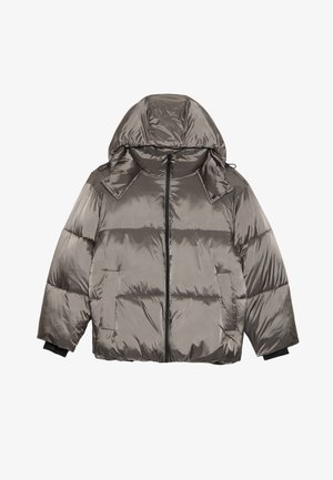 Puffer jacket in metallic gray, featuring a hood, zip front closure, two side pockets, and ribbed cuffs. Smooth, shiny fabric with quilted design.