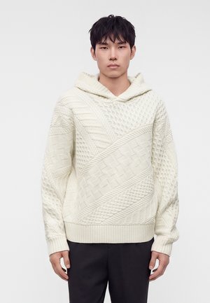 Jonge man die een gebroken witte, gestructureerde gebreide hoodie en zwarte broek draagt, staand tegen een effen witte achtergrond.