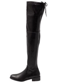 Schwarze kniehohe Stiefel aus strukturiertem Kunstleder mit Schlangenhautmuster, niedrigem Absatz und verstellbarem Band am oberen Rücken für einen sicheren Sitz.