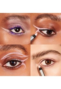 Quatre gros plans d'yeux présentant divers designs d'eyeliner : cils violets, formes roses et un mélange de tons marron et foncés. Différentes applications d'eyeliner visibles.