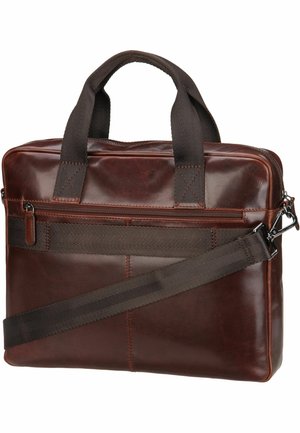 Brown leather laptop bag with dual handles, detachable shoulder strap, zippered pocket, and stitched accents on front panel.