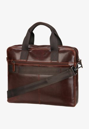 Brown leather laptop bag with dual handles, detachable shoulder strap, zippered pocket, and stitched accents on front panel.