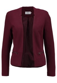 Blazer bordeaux en tissu texturé, présentant un devant ouvert, des manches longues et deux poches zippées sur les côtés avant.