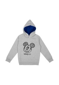 Felpa grigia con interno blu, con un disegno nero di Topolino e la scritta "Disney 100" sul davanti. Tessuto morbido, maniche lunghe.