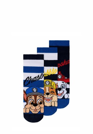 Three colorful children's socks featuring characters from Paw Patrol, each with a different dog wearing a uniform and name text above.