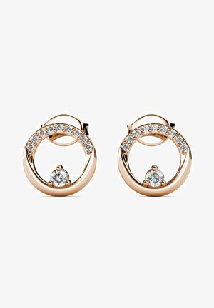 Boucles d'oreilles circulaires en or rose avec un design ouvert, comportant une pierre claire centrale et une rangée de petits cristaux transparents le long du haut.