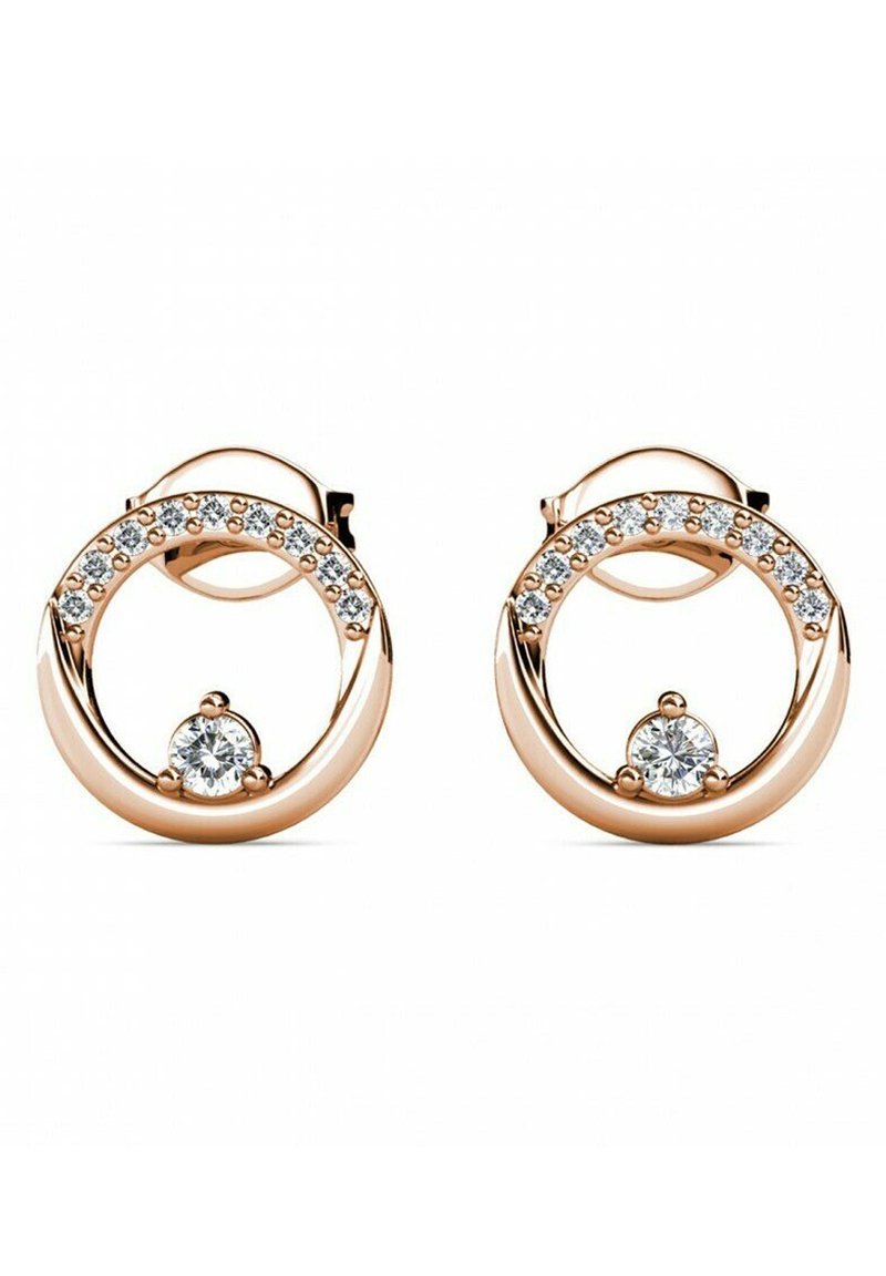 Roségoldene kreisförmige Ohrringe mit offenem Design, die einen zentralen klaren Stein und eine Reihe kleiner klarer Kristalle entlang der Oberseite aufweisen.