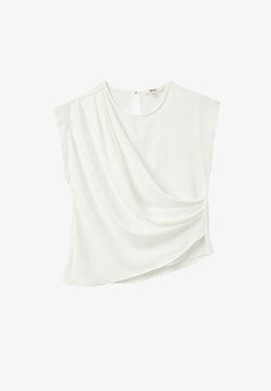 Weiße Kurzarm-Bluse mit drapiertem Vorderteil, weichem Material und einem offenen Rücken mit einer Knopfschließe am Halsausschnitt.