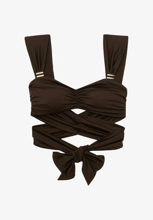 Brauner Wickeltop aus glattem Stoff, mit breiten Trägern, Raffungen an der Brust und einer verknoteten Front. Inklusive Gold-Details.