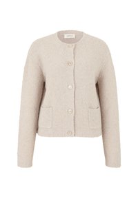 Texturerad beige cardigan med långa ärmar, rund halsringning, framknäppning med knappar och två framfickor. Har klara, runda knappar.