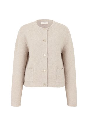 Textured beige cardigan with long sleeves, round neckline, front button closure, and two front pockets. Features clear, round buttons.