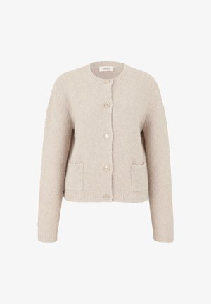 Texturierter beiger Cardigan mit langen Ärmeln, Rundhalsausschnitt, vorderer Knopfleiste und zwei vorderen Taschen. Verfügt über klare, runde Knöpfe.
