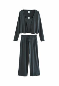 Dunkelgraues Loungewear-Set mit einem verkürzten Langarmoberteil mit gewellten Kanten und locker sitzenden, weiten Hosen mit elastischem Bund.