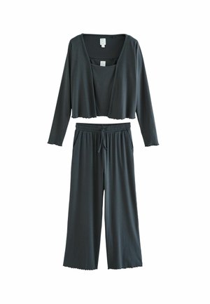 Dunkelgraues Loungewear-Set mit einem verkürzten Langarmoberteil mit gewellten Kanten und locker sitzenden, weiten Hosen mit elastischem Bund.