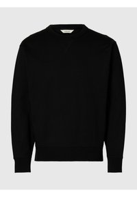 Sudadera negra con cuello redondo, mangas largas y puños acanalados. Fabricada con un tejido suave, presenta un diseño simple y sin logotipos visibles.