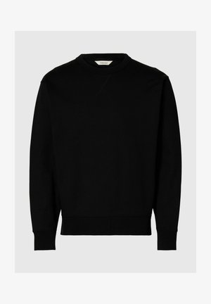 Czarny sweter z okrągłym dekoltem, długimi rękawami i ściągaczami. Wykonany z gładkiego materiału, charakteryzuje się prostym wzorem i brakiem widocznych logo.