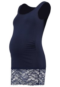 Mörkblå graviditetstopp med formande passform, prydd med spetsdetalj nertill och sidofållning för extra komfort och flexibilitet.