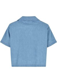 Light blue short-sleeve denim shirt with a wide collar, shown from the back on a white background.