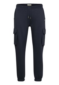 Marineblauwe joggingsbroek van zachte stof, met een elastische tailleband, verstelbaar trekkoord en cargozakken aan beide zijden.