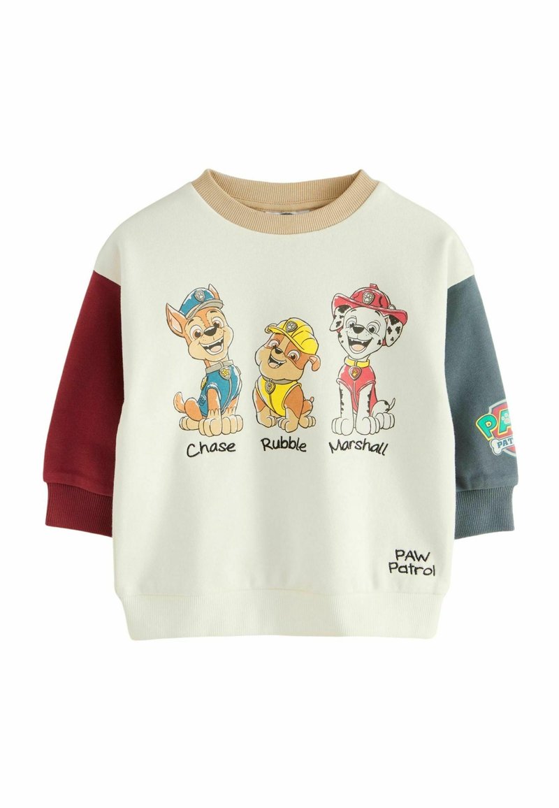 Sweat-shirt à manches longues pour enfants avec les personnages de Pat' Patrouille Chase, Rubble et Marshall sur le devant, manches bicolores en bordeaux et bleu.