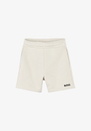 Shorts in cotone crema con vita elastica, dotati di due tasche laterali e di un logo "BOSS" nero sul lato sinistro inferiore.