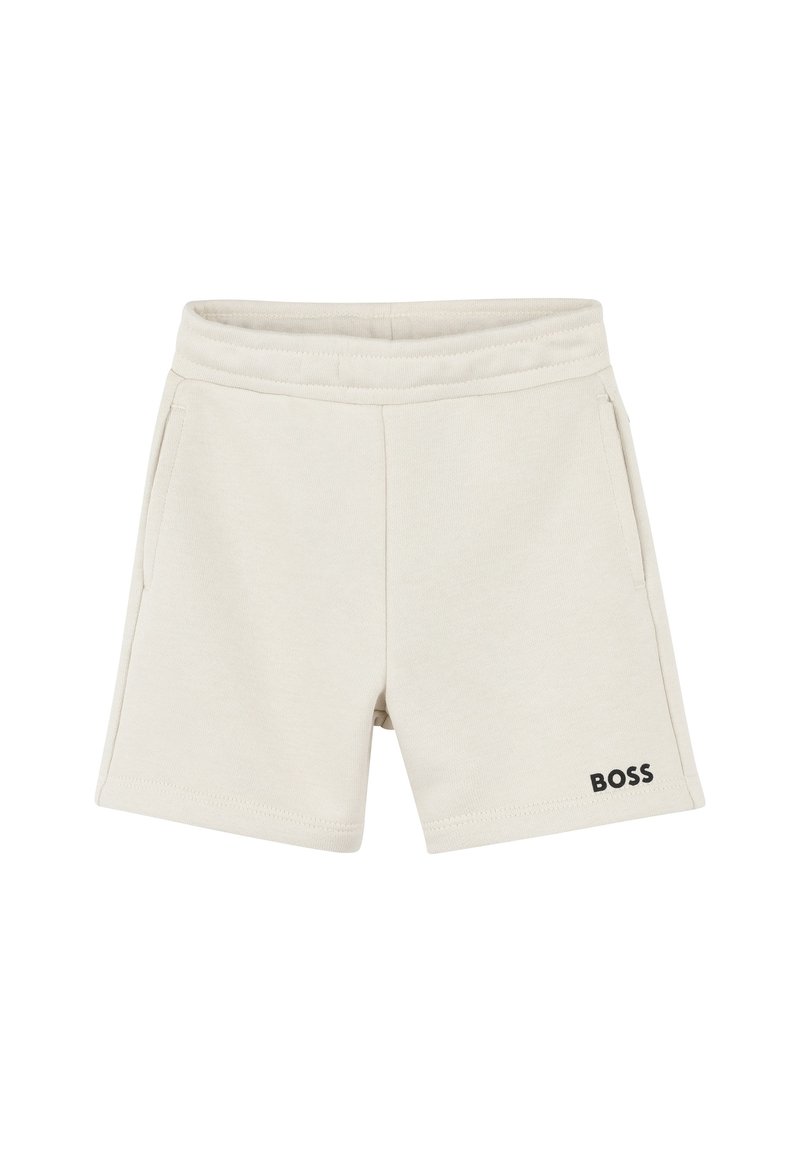 Shorts in cotone crema con vita elastica, dotati di due tasche laterali e di un logo "BOSS" nero sul lato sinistro inferiore.