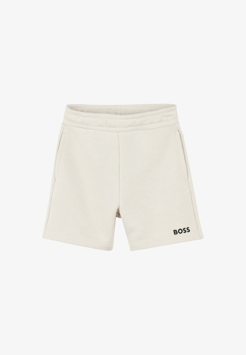 Shorts in cotone crema con vita elastica, dotati di due tasche laterali e di un logo "BOSS" nero sul lato sinistro inferiore.