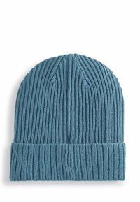 Knit beanie in a medium blue color, featuring vertical ribbing texture and a folded cuff at the base for added warmth and style.