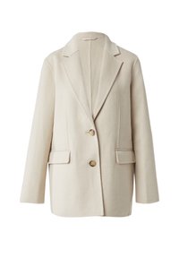 Cremefarbener Blazer aus Wollmischung mit Spitzrevers, zwei Vordertaschen und eine Knopfleiste. Verfügt über ein weiches, strukturiertes Finish.