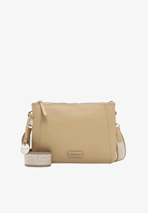 Beige leather crossbody bag with a textured finish, featuring a zip closure, adjustable strap, and a logo tag detail.