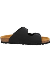 Sandalo nero con due cinghie regolabili, soletta in sughero e suola in gomma. Presenta un design open toe e una finitura opaca liscia.