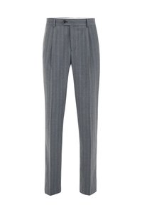 Sive prugaste formalne hlače s petljama za remen, prednjim zatvaranjem na dugme i ravnim krojem.