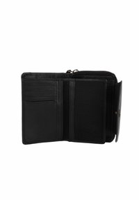 Black leather wallet with a zip closure, multiple card slots, and an open design showcasing a smooth interior and textured accents.
