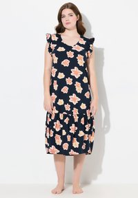 Abito floreale navy con motivi di fiori rosa e gialli, maniche corte a volants e orlo a strati. Realizzato in tessuto leggero.