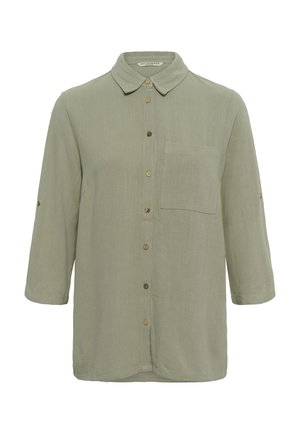Light olive green long-sleeve shirt with button front, single chest pocket, and small collar, shown on a white background.