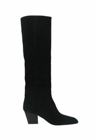 Bottes noires montantes en daim doux, avec un bout pointu et un talon bloc structuré. Le design est épuré avec des embellissements minimaux.